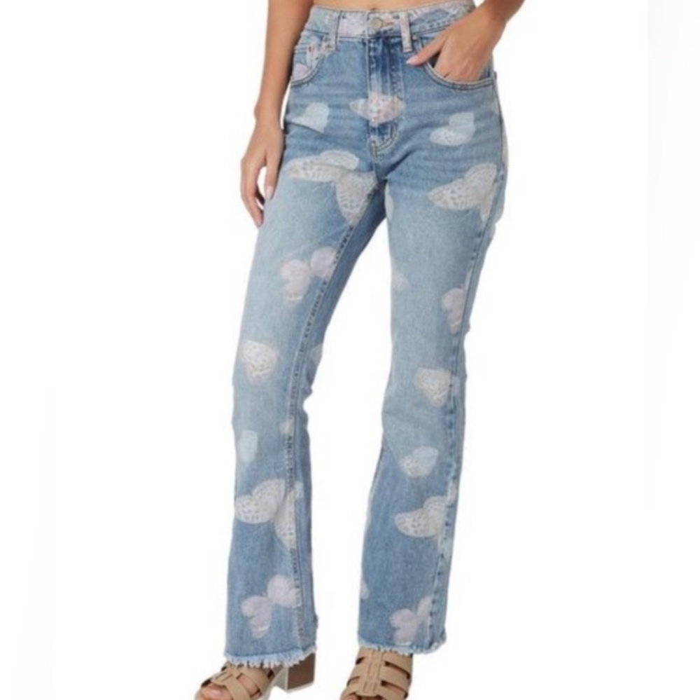 Tinsel Town Butterfly Raw Hem Flare Jeans Size 5 Blue Pink Fairy Retro Boho 90s